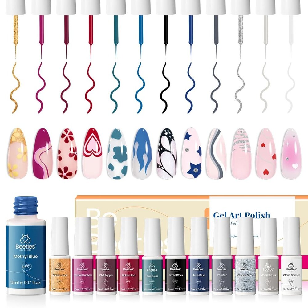 Beetles Nail Art Polish-12 Colors Gel Liner Nail Polish Set Pink Blue Red Green